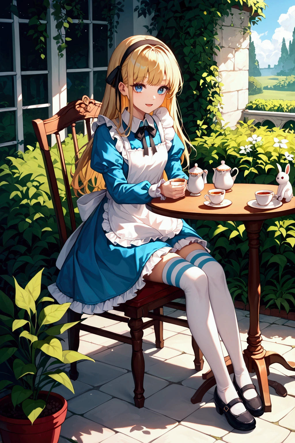 score_9, score_8_up, score_7_up, rating safe, (masterpiece:1.2), (best quality:1.2), 1girl, alice (\alice in wonderland\), solo, blonde hair, long hair, bangs, blue eyes, smile, faint lips, open mouth, aqua dress, frilled dress, apron dress, black ribbon, long sleeves, frilled sleeves, black headband, hair ribbon, frilled skirt, (white thighhighs, striped thighhighs:1.2), leg ribbon, strap shoes, outdoors, garden, table, table cloth, tea, tea cup, chair, sitting, stuffed animal, stuffed toy, stuffed rabbit, stuffed cat, playing card