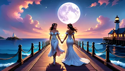 a fantasy pier at sunset a beautiful bride walking down the pier, the moon is rising there are star in the sky, there is light h...