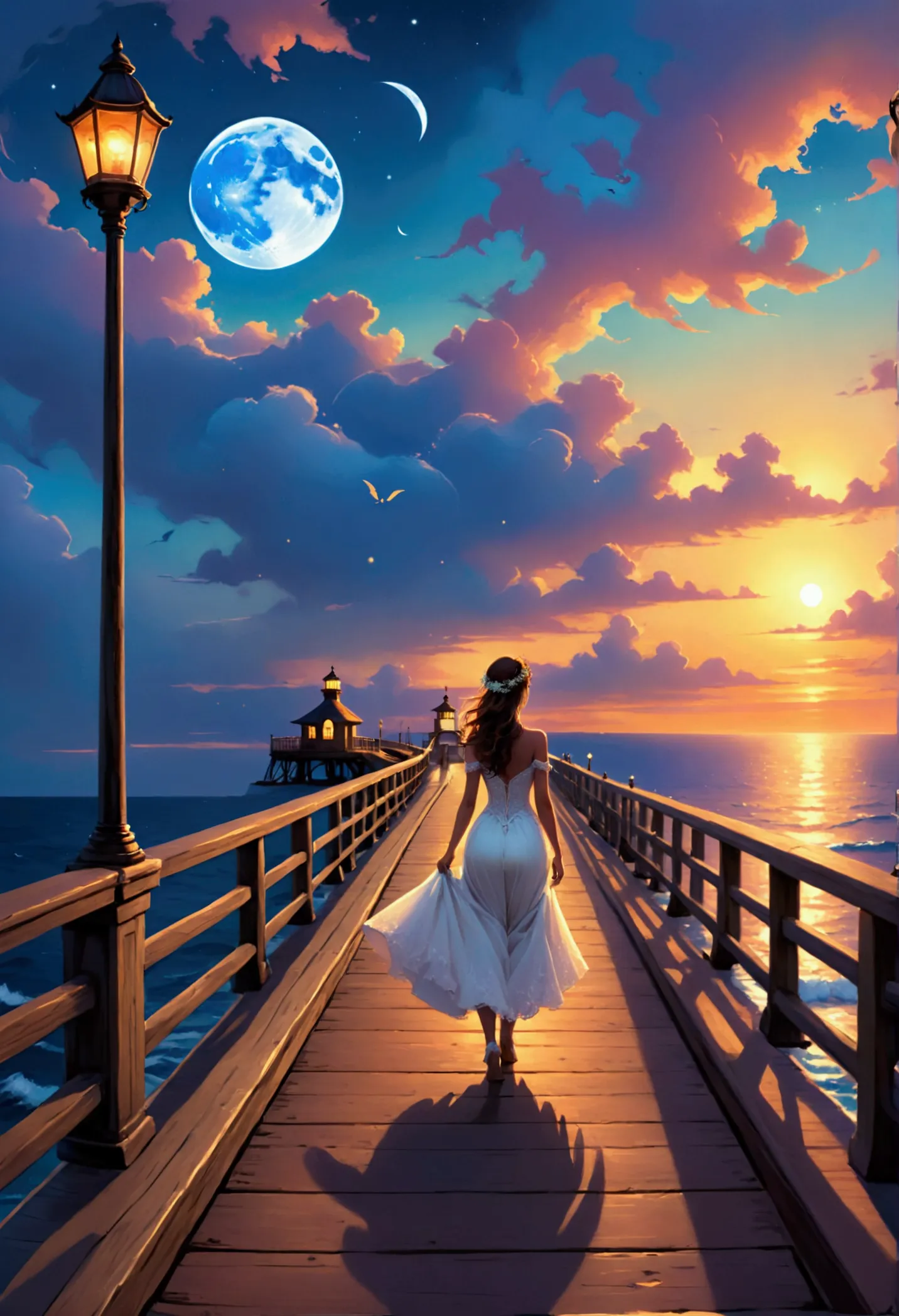 a fantasy pier at sunset a beautiful bride walking down the pier, the moon is rising there are star in the sky, there is light h...