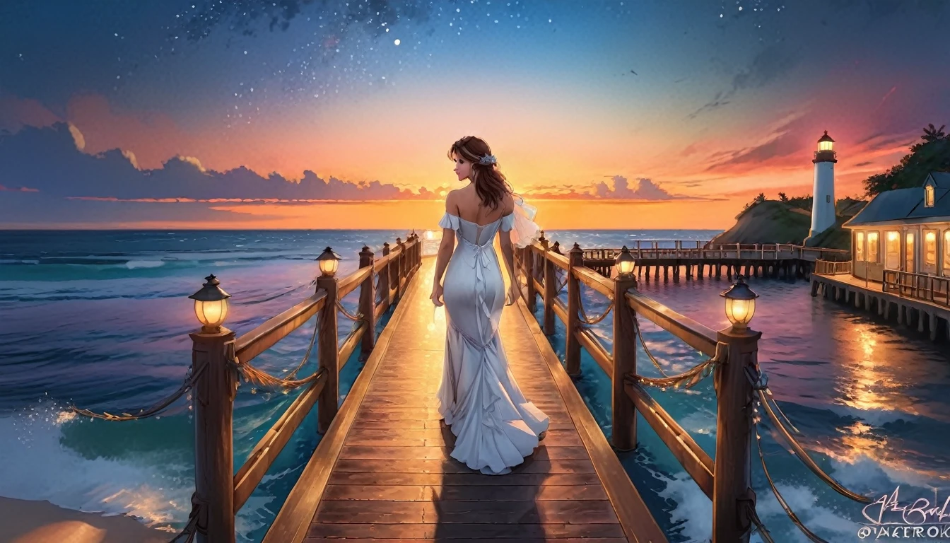 a fantasy pier at sunset a beautiful bride walking down the pier, the moon is rising there are star in the sky, there is light house at the end of the pier, romantic atmosphere , Hyperrealism style