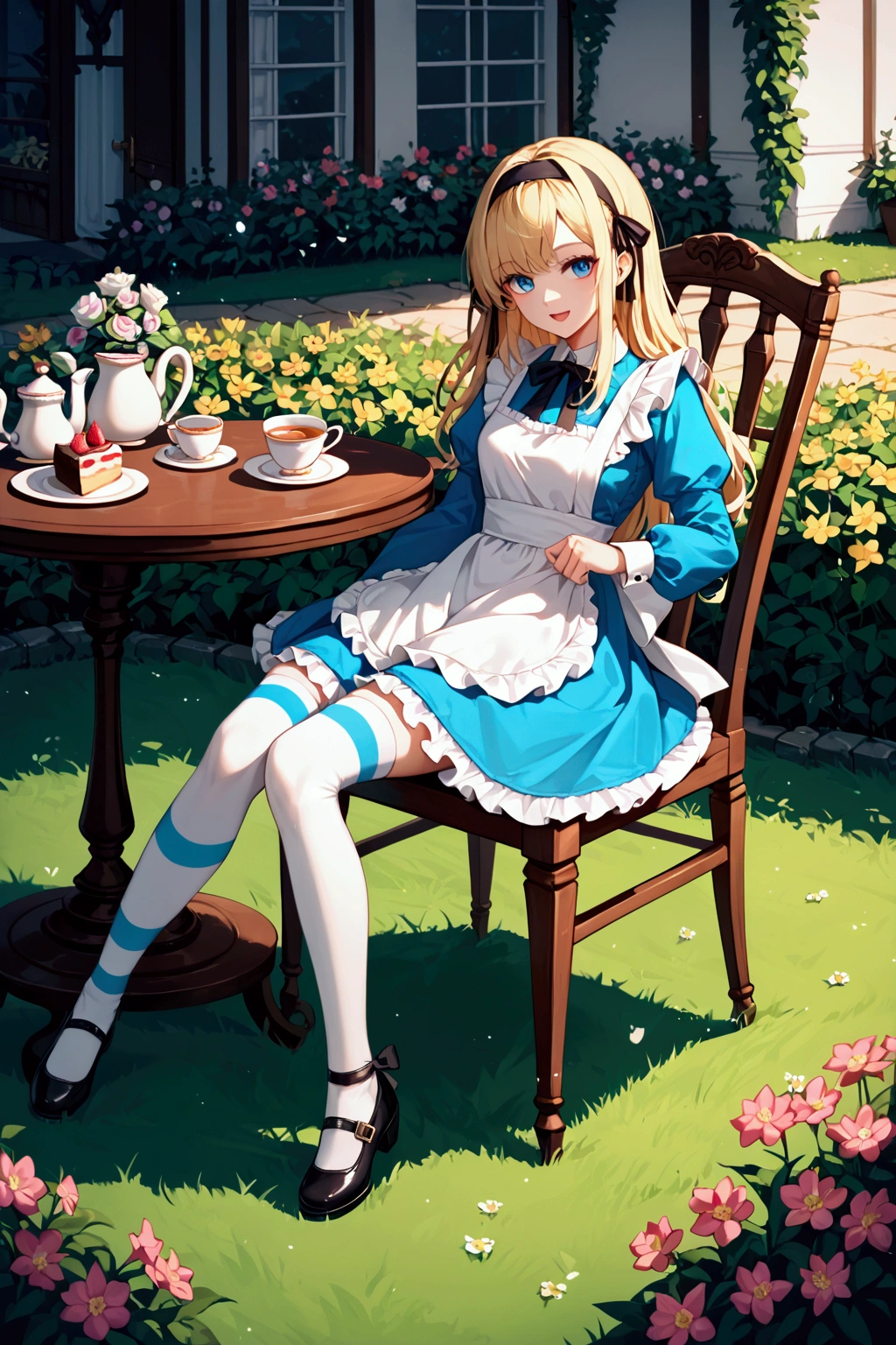 score_9, score_8_up, score_7_up, rating safe, (masterpiece:1.2), (best quality:1.2), 1girl, alice (\alice in wonderland\), solo, blonde hair, long hair, bangs, blue eyes, smile, faint lips, open mouth, aqua dress, frilled dress, apron dress, black ribbon, long sleeves, frilled sleeves, black headband, hair ribbon, frilled skirt, (white thighhighs, striped thighhighs:1.2), leg ribbon, strap shoes, outdoors, garden, table, table cloth, tea, tea cup, cake, cake stand, chair, sitting, stuffed animal, stuffed toy, stuffed rabbit, stuffed cat, playing card, grass, flower, many flowers