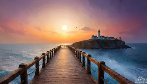 a fantasy pier at sunset a beautiful bride walking down the pier, the moon is rising there are star in the sky, there is light h...