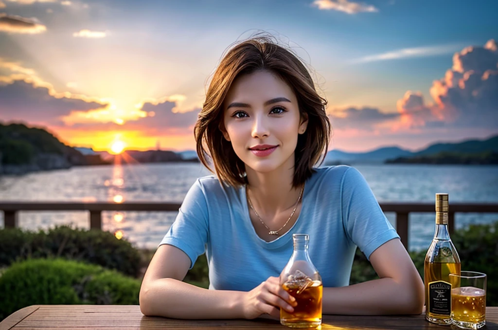 (Realistic, 超Realistic:1.4), 16k hdr, High resolution,Brown short hair,The best smile、Japanese actress,Super Beauty(Like the real thing),Short sleeve dress,Whiskey bottles、The Macallan、Johnnie Walker、、Old Parr、whiskey、Suntory、Nikka、Slim Couple、Model Couple、(Realistic, Intricate details:1.2), full-course dinner、Whiskey bottle and glass on the table、Single Malt、scotch、Rocks glass、Shot Glass、Whisky on the rocks、Scotland、Amazing view of the sunset sky and clouds、,Digital single-lens reflex camera, Soft lighting, Detailed Background, Written boundary depth, Volumetric lighting, Sharp focus,  super Realistic 肌,super beautiful expression,Fantasy art,Character Art,Cloud Effect:1.2、Full Rendering、プロ品質のHigh resolution、Realistic facial features,Highest quality,Slim figure,Highly detailed face,Highly detailed eyes,Beautiful Lips,Excellent light particles,Cinema Lighting,Compensate,超High resolution,Ultra-Realistic Skin,blue eyes,