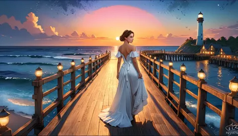 a fantasy pier at sunset a beautiful bride walking down the pier, a beautiful bride the moon is rising there are star in the sky...