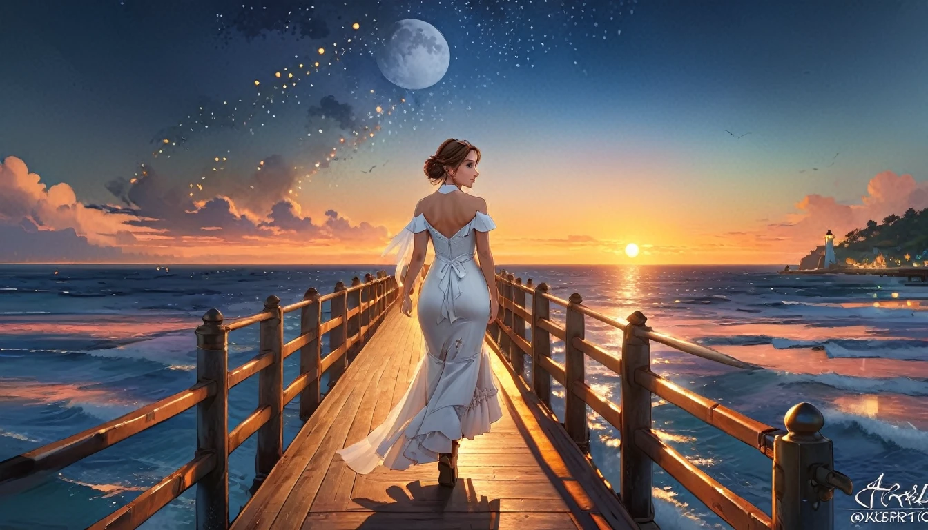 a fantasy pier at sunset a beautiful bride walking down the pier, a beautiful bride the moon is rising there are star in the sky, there is light house at the end of the pier, romantic atmosphere ,  cinematic light, High Detail, Ultra High Quality, High Resolution, 16K Resolution, Ultra HD Pictures, Ultra Realistic, Clear Details, Realistic Detail, Ultra High Definition, Hyperrealism style