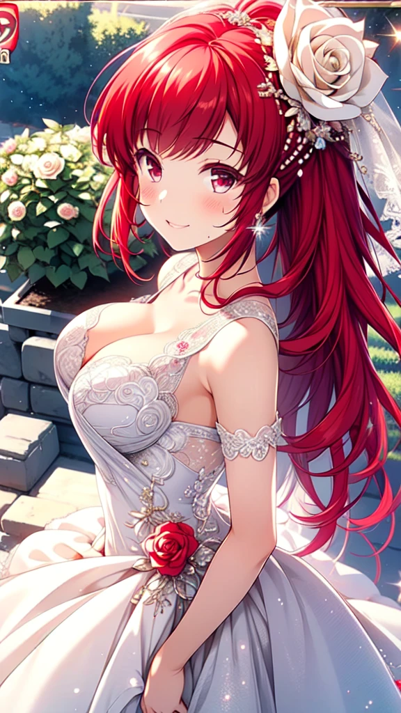 Aoikan, (masterpiece, Highest quality, beautifully、aesthetic:1.3), 1 Female, Mature Woman,alone, A light smile, (Silvery red hair with reddish brown streaks:1.4), (Gradient red hair tip:1.6), hair, Ridiculously long hair, Single Side Lock, Wavy Hair, Shiny Hair, Floating Hair, (Deep red eyes), Delicate eyes, red eyes, Very fine eye, Long upper eyelashes, compensate, Focus on the face, Very detailedフェイシャル, Pretty face, Perfect breasts, Hot body, (Delicate skin texture:1.2), Bridal Veil, lace trim dress, See through, Wedding dress, Outdoor, White Rose, garden, morning, Are standing, Very detailed,