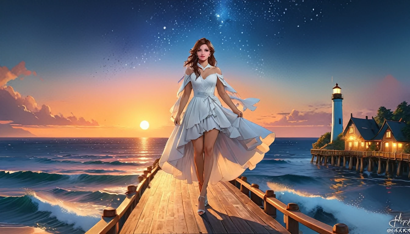 a fantasy pier at sunset a beautiful bride walking down the pier, a beautiful bride the moon is rising there are star in the sky, there is light house at the end of the pier, romantic atmosphere ,  cinematic light, High Detail, Ultra High Quality, High Resolution, 16K Resolution, Ultra HD Pictures, Ultra Realistic, Clear Details, Realistic Detail, Ultra High Definition, Hyperrealism style