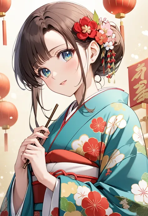 japanese new year、long-sleeved kimono、young woman、