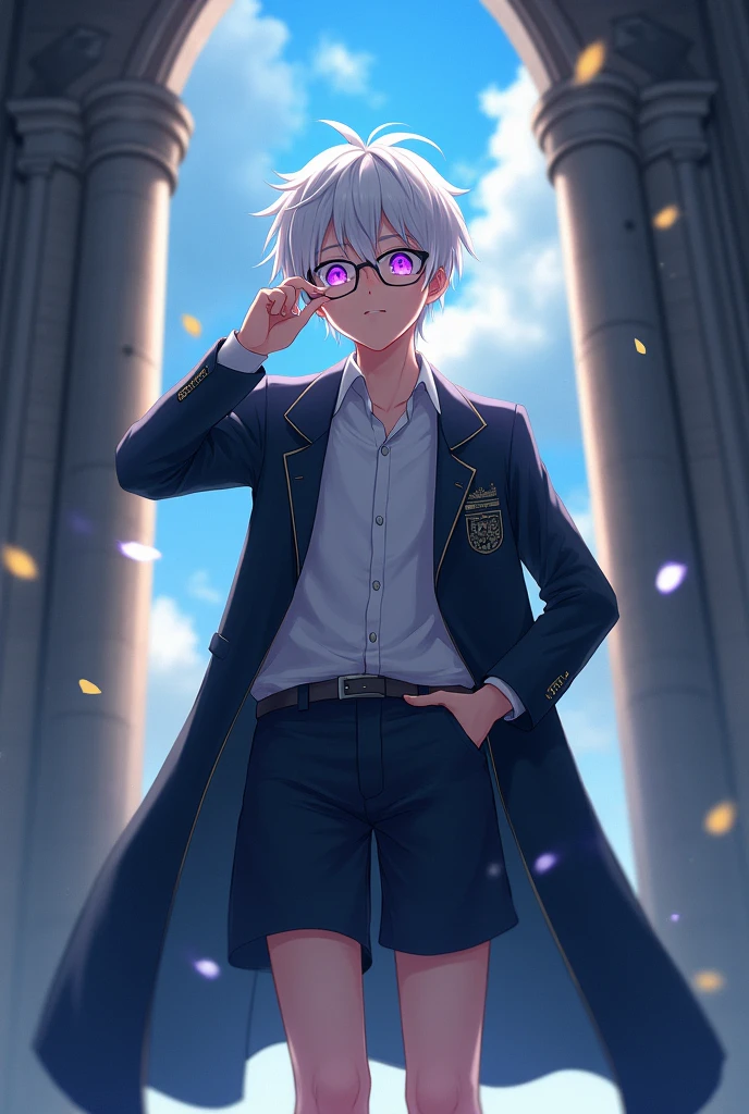  teenage boy, short white hair, Pale skin, bright violet eyes, with glasses, with shorts and magic school uniform, animated 