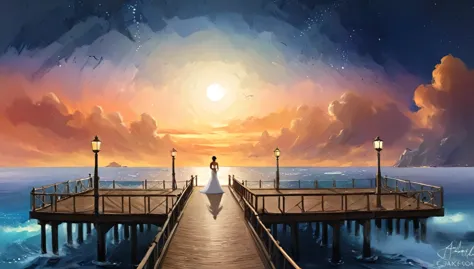 a fantasy pier at sunset a beautiful bride walking down the pier, the moon is rising there are star in the sky, there is light h...