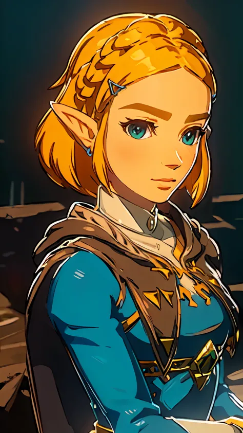 ((masterpiece,Highest quality)),Zelda\(Princess\), 1 girl, Lonely, chest,Shortcuts,skirt,Portraiture,Looking at the audience,smile,8k wallpaper,Hyrule Field,black_Cape、Upper Body、Soothe up、