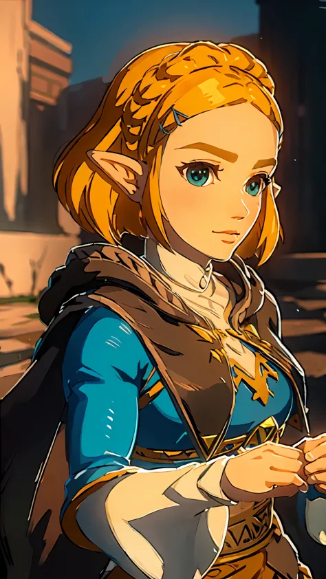 ((masterpiece,Highest quality)),Zelda\(Princess\), 1 girl, Lonely, chest,Shortcuts,skirt,Portraiture,Looking at the audience,smile,8k wallpaper,Hyrule Field,black_Cape、Upper Body、Zoom in on face、