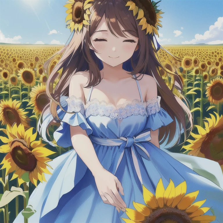 A person is standing in a vibrant field of sunflowers, Wearing a pale blue off-the-shoulder dress、Delicate lace cuffs and belted waist. Their long, For straight brown hair、Yellow sunflower hair accessory. They are in nature, In a relaxed pose、Hands are clasped gently in front. Bright sunlight casts soft shadows, Under the clear blue sky、Creating a warm and cheerful atmosphere.