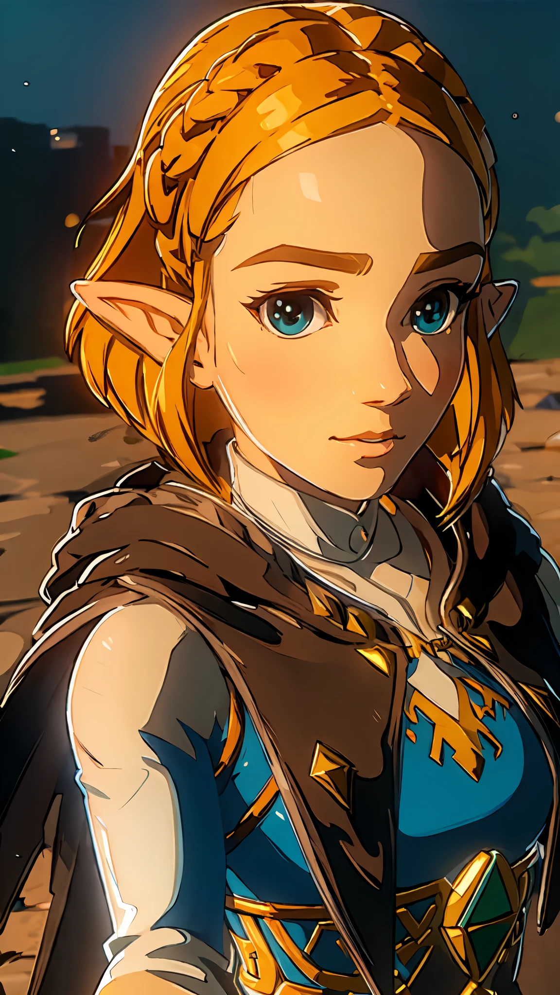 ((masterpiece,Highest quality)),Zelda\(Princess\), 1 girl, Lonely, chest,Shortcuts,skirt,Portraiture,Looking at the audience,smile,8k wallpaper,Hyrule Field,black_Cape、Upper Body、Face close-up、Close-up。

