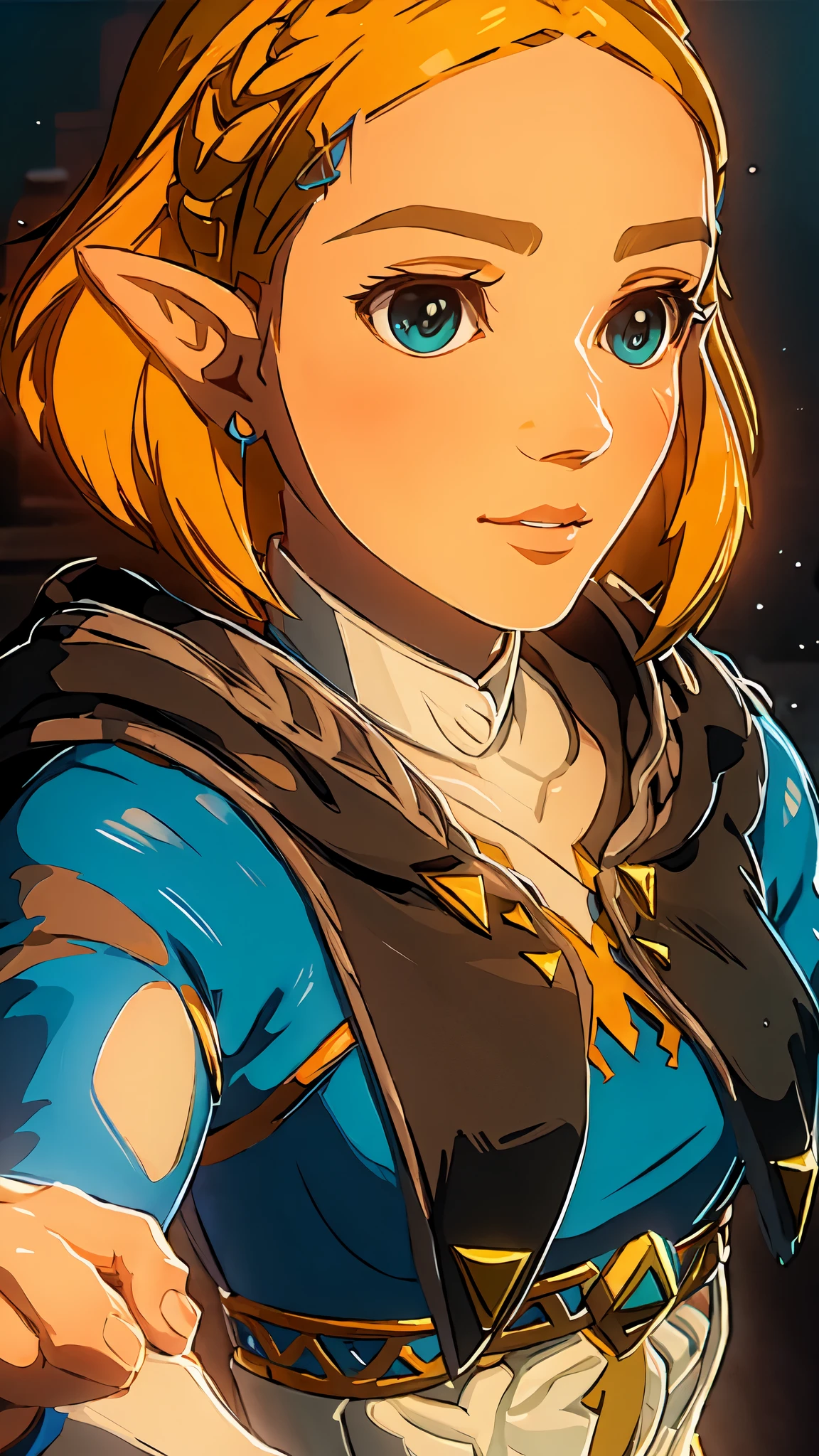 ((masterpiece,Highest quality)),Zelda\(Princess\), 1 girl, Lonely, chest,Shortcuts,skirt,Portraiture,Looking at the audience,smile,8k wallpaper,Hyrule Field,black_Cape、Upper Body、Face close-up、Close-up。

