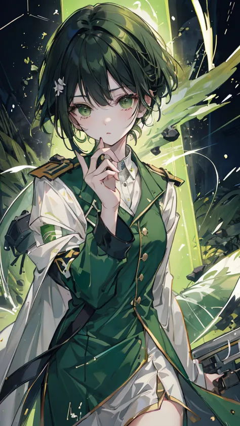 green black hair，dark green eyes，white military uniform and green windbreaker，turtle