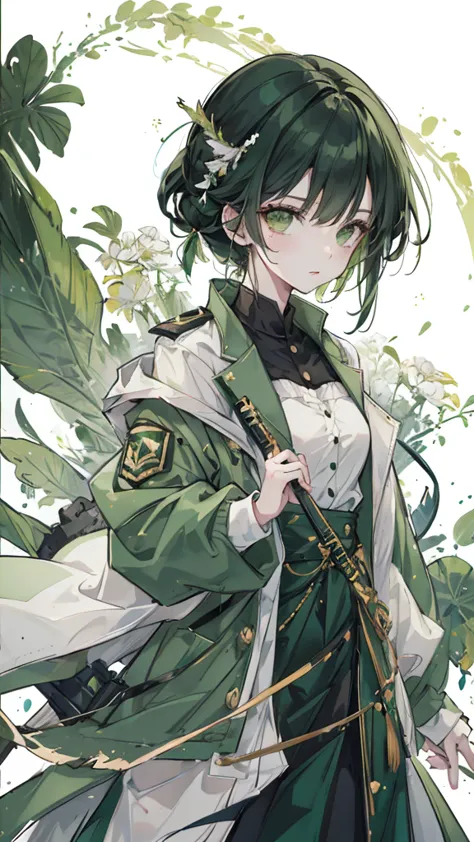 green black hair，dark green eyes，white military uniform and green windbreaker，turtle