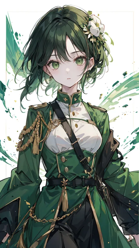 green black hair，dark green eyes，white military uniform and green windbreaker，turtle