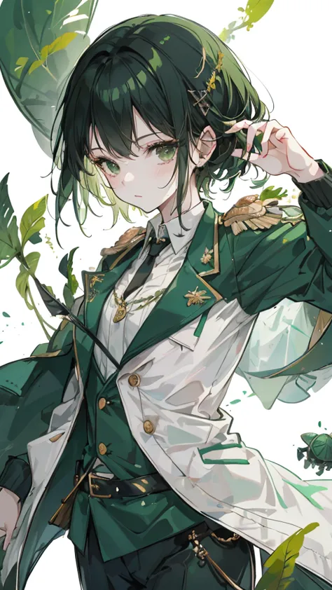 green black hair，dark green eyes，white military uniform and green windbreaker，turtle