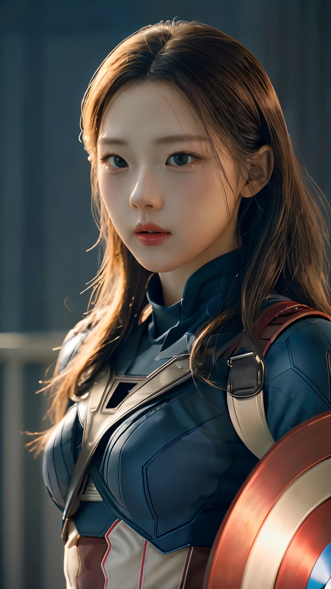 1 girl is captain america 8k, high definition, ใบหน้าที่มีdetails, ใบหน้าที่มีdetails, ดวงตาที่มีdetails, ชุดdetails, In the style of Marvel and DC, Too realistic, + movie shot + dynamic elements, detailsอย่างไม่น่าเชื่อ, sharpen, details + superb details + Evening with light + perfection + Award-winning realism ((mood light))