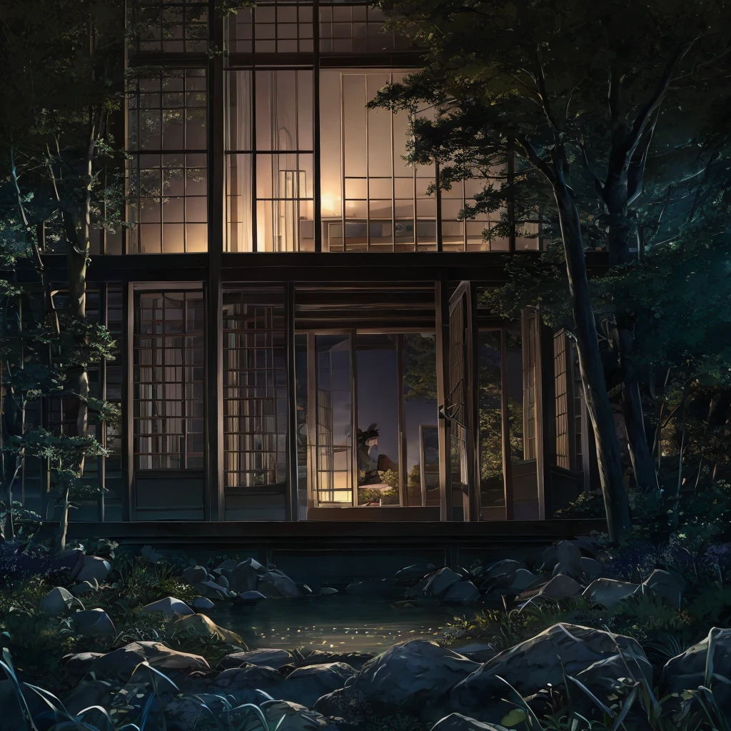 (masterpiece:1.2), Highest quality,Pixiv, The Garden of Words, One person, Women&#39;s Center, Sitting, alone, From behind, indoor, shirt, Book, Black Hair, short hair, Turn your back, Book stack, table　mysterious　Xin Haicheng　Morning Glow　sunset　bright　Looking up