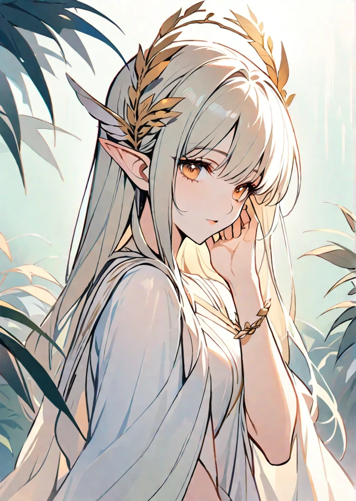 The image showcases an animated character with long, blonde hair. The character has elf ears, and she is wearing a delicate headpiece with golden elements. Her hair is adorned with a fringe that flows down past her shoulders. The character's eyes are glowing with an orange hue. She is seen holding her face close to her hand, possibly in a contemplative or serene pose. The background features a lush, green backdrop with large, leafy plants, suggesting a serene outdoor setting. The overall tone of the image is ethereal and dreamy, with a high resolution that captures intricate details. The character's attire is a soft, light blue, and she is wearing a bracelet on her wrist.masterpiece, best quality,