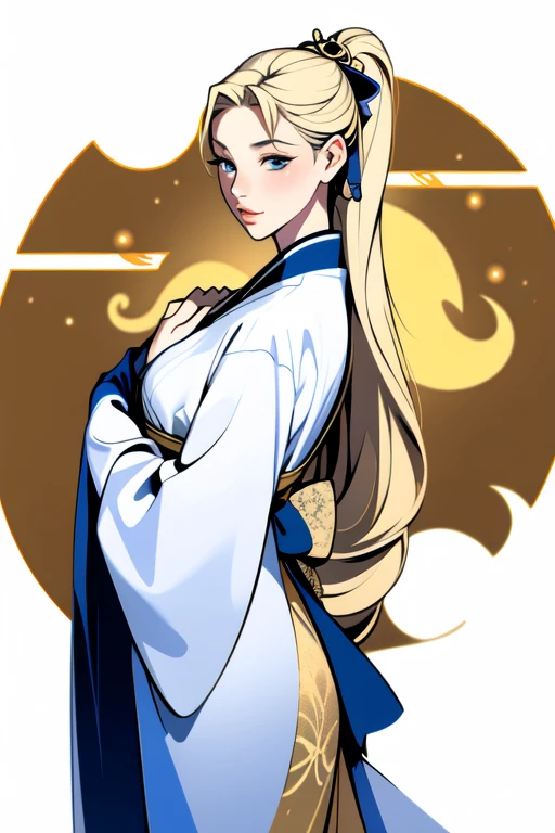 (1 incredibly beautiful young blonde femme fatale: 1,3), geisha, ((zen)), (masterpiece, highest quality, best quality: 1,3), extremely detailed background, Zen calligraphy, unique visual effect. long golden hair. blue eyes, full-length, golden kimono, open shoulders, covers her chest with her hands, photo from behind, looks at the camera over her shoulder, confused, realistic, full-length.