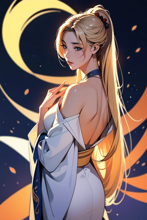 (1 incredibly beautiful young blonde femme fatale: 1,3), geisha, ((zen)), (masterpiece, highest quality, best quality: 1,3), extremely detailed background, Zen calligraphy, unique visual effect. long golden hair. blue eyes, full-length, golden kimono, open shoulders, covers her chest with her hands, photo from behind, looks at the camera over her shoulder, confused, realistic, full-length.