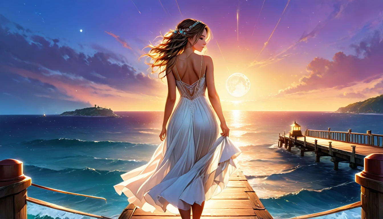 a fantasy pier at sunset a beautiful bride walking down the pier, a beautiful bride best detailed face, dynamic hair color, dynamic hair style, the moon is rising there are star in the sky, there is light house at the end of the pier, romantic atmosphere , cinematic light, High Detail, Ultra High Quality, High Resolution, 16K Resolution, Ultra HD Pictures, Ultra Realistic, Clear Details, Realistic Detail, Ultra High Definition, Hyperrealism style