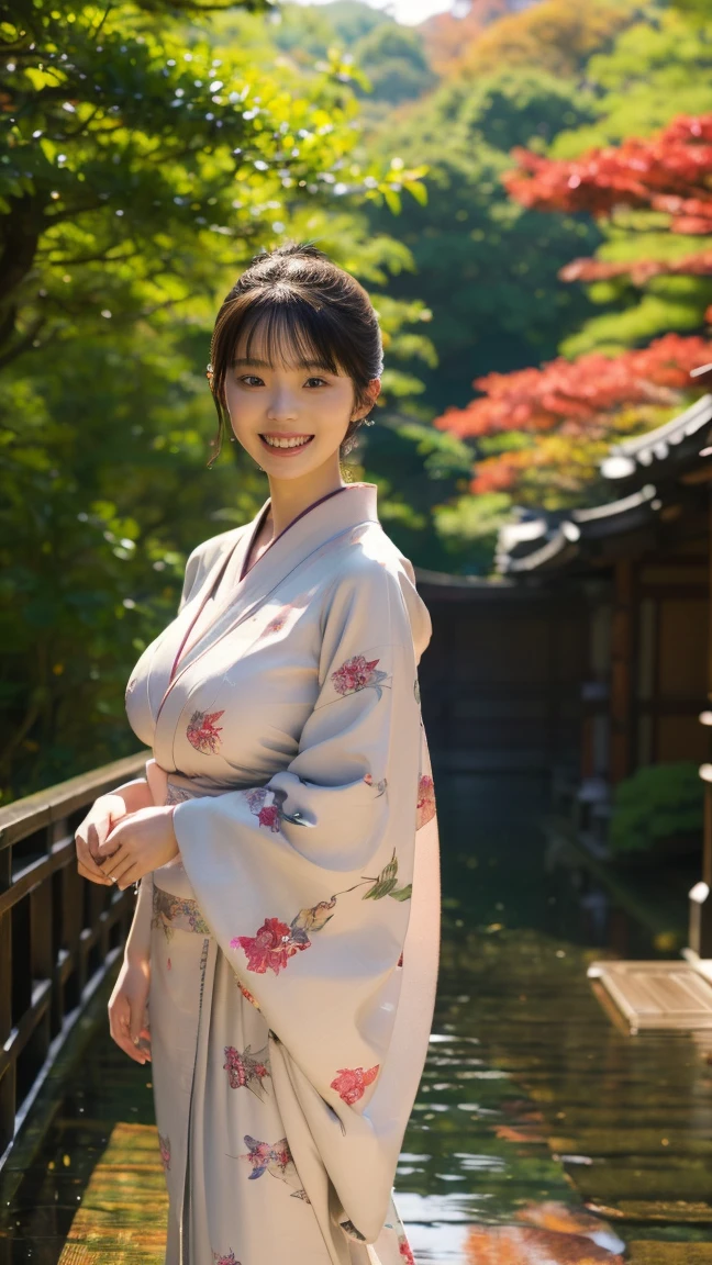 (Super elaborate CG Unity 8K wallpapers), (masterpiece), (Highest quality), (Realistic), geisha, Sexy Kimono, dance, Fairy, Pointy Ears, ((Highest quality)), (Very detailed)), (((photograph)), Autumn Japan Forest, Big Breasts, Slender body, Provocative smile 