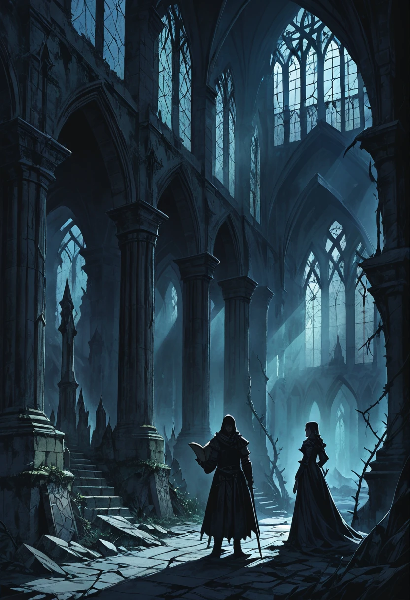 dark fantasy scene of two characters dressed in medieval-style clothing, standing in a ruined, ancient cathedral. The man and woman are holding an old, magical tome, their expressions serious as they study its dark secrets. The once-beautiful stone arches of the cathedral are now overgrown with twisted vines and dark shadows, with faint, eerie light seeping through cracked stained-glass windows. Gargoyle statues and crumbling pillars surround them, and the atmosphere is filled with a sense of ancient magic and impending doom. The sky outside is clouded, casting a muted, cold light over the scene as dark, mysterious forces loom in the distance