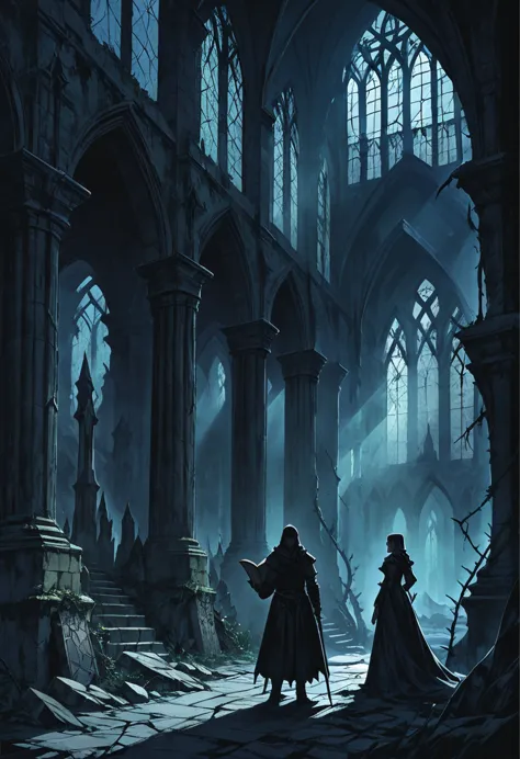 dark fantasy scene of two characters dressed in medieval-style clothing, standing in a ruined, ancient cathedral. the man and wo...