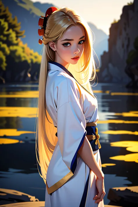 (1 incredibly beautiful young blonde femme fatale: 1,3), geisha, ((zen)), (masterpiece, highest quality, best quality: 1,3), ext...