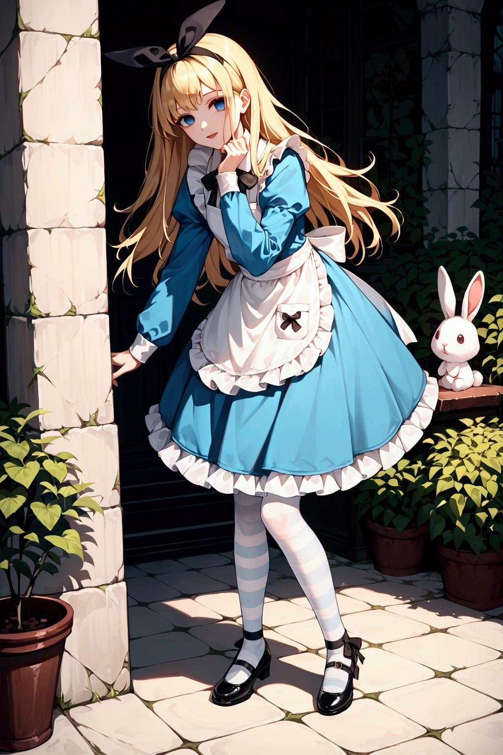 score_9, score_8_up, score_7_up, rating safe, (1girl, solo:1.4), alice (\alice in wonderland\), blonde hair, long hair, bangs, blue eyes, empty eyes, smile, faint lips, open mouth, yandere, aqua dress, frilled dress, apron dress, black ribbon, long sleeves, frilled sleeves, black headband, hair ribbon, frilled skirt, (white pantyhose, striped pantyhose:1.2), leg ribbon, strap shoes, stuffed rabbit, black baclground