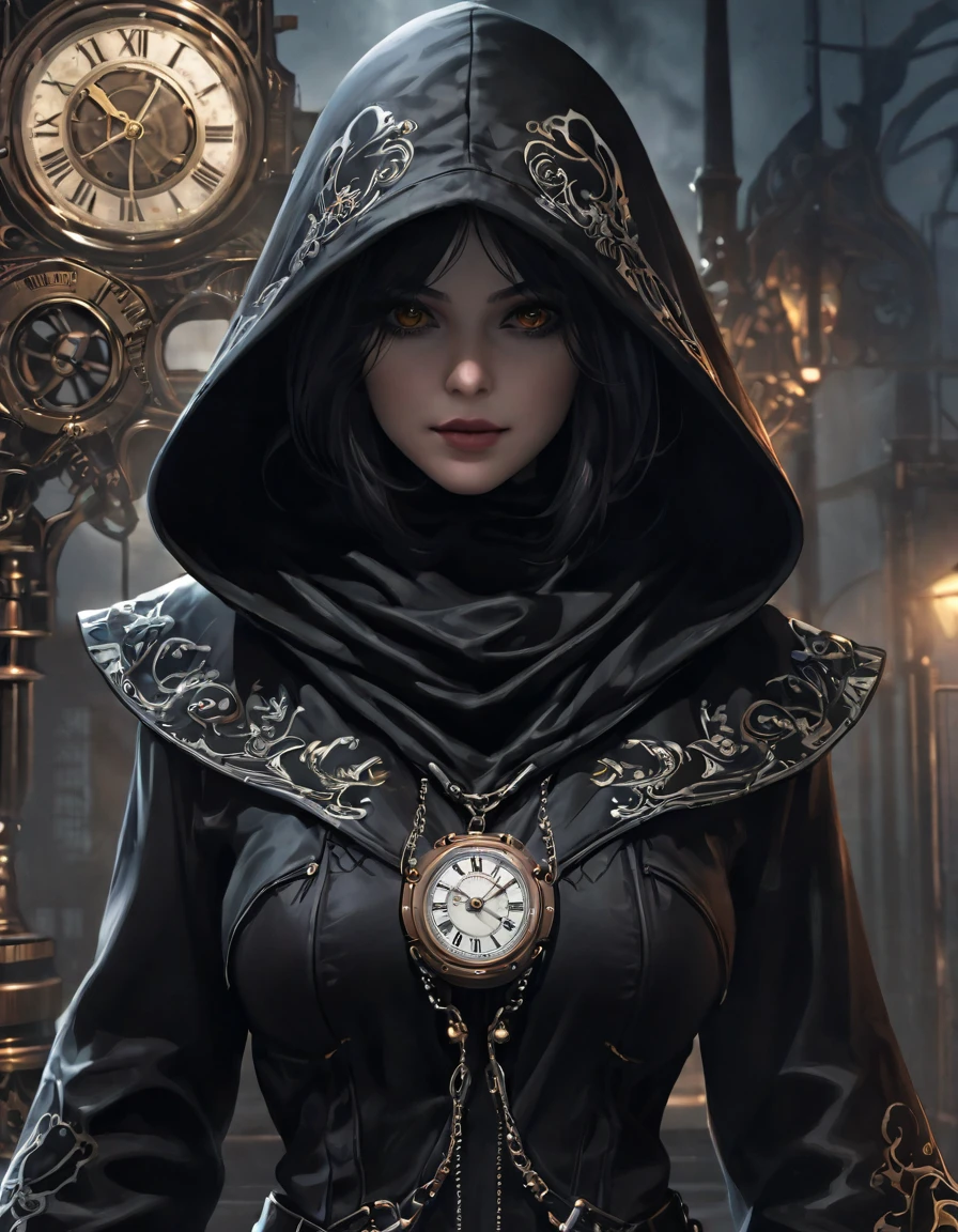 (Ghost of the Black Hood:1.5), (extremely detailded CG unity 16k wallpaper:1.1), (Noise removal force: 1.45), (work of art:1.37), (Full body posture:1.4:), Full length; from head to toe; from front view; glare eyes; Steampunk; clock;  devilcore&#39;breathing; Steampunk; Full length; from head to toe; from front view; Ninja with samurai sword, , cyberpunk illustration, symetry, detailded,