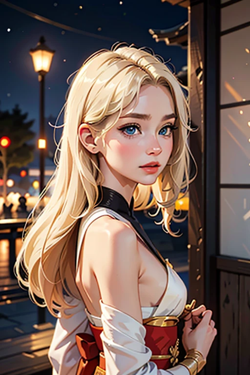 (1 incredibly beautiful young blonde femme fatale: 1,3), geisha, ((zen)), (masterpiece, highest quality, best quality: 1,3), extremely detailed background, Zen calligraphy, unique visual effect. long golden hair. blue eyes, full-length, golden kimono, open shoulders, covers her chest with her hands, photo from behind, looks at the camera over her shoulder, confused, realistic, full-length.