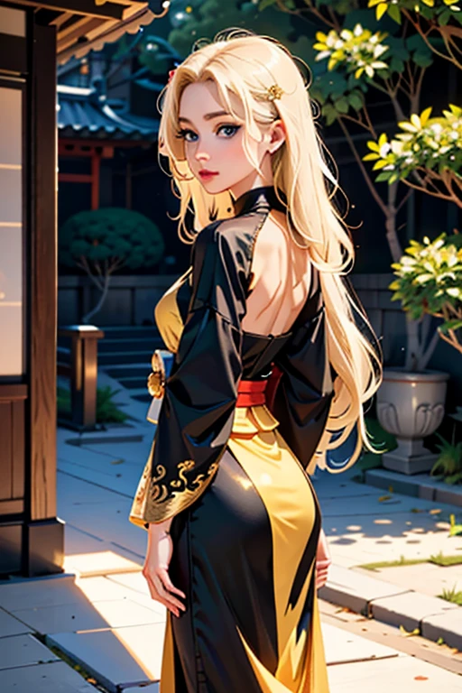 (1 incredibly beautiful young blonde femme fatale: 1,3), geisha, ((zen)), (masterpiece, highest quality, best quality: 1,3), extremely detailed background, Zen calligraphy, unique visual effect. long golden hair. blue eyes, full-length, golden kimono, open shoulders, covers her chest with her hands, photo from behind, looks at the camera over her shoulder, confused, realistic, full-length.