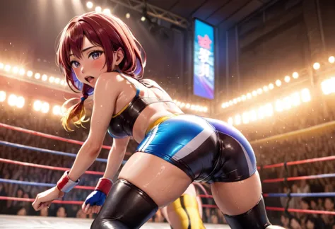 cute female fighter, yuna, tiny wrestling outfit, sweaty, wrestling ring in japan, bigger and stronger opponent, pulling off yun...