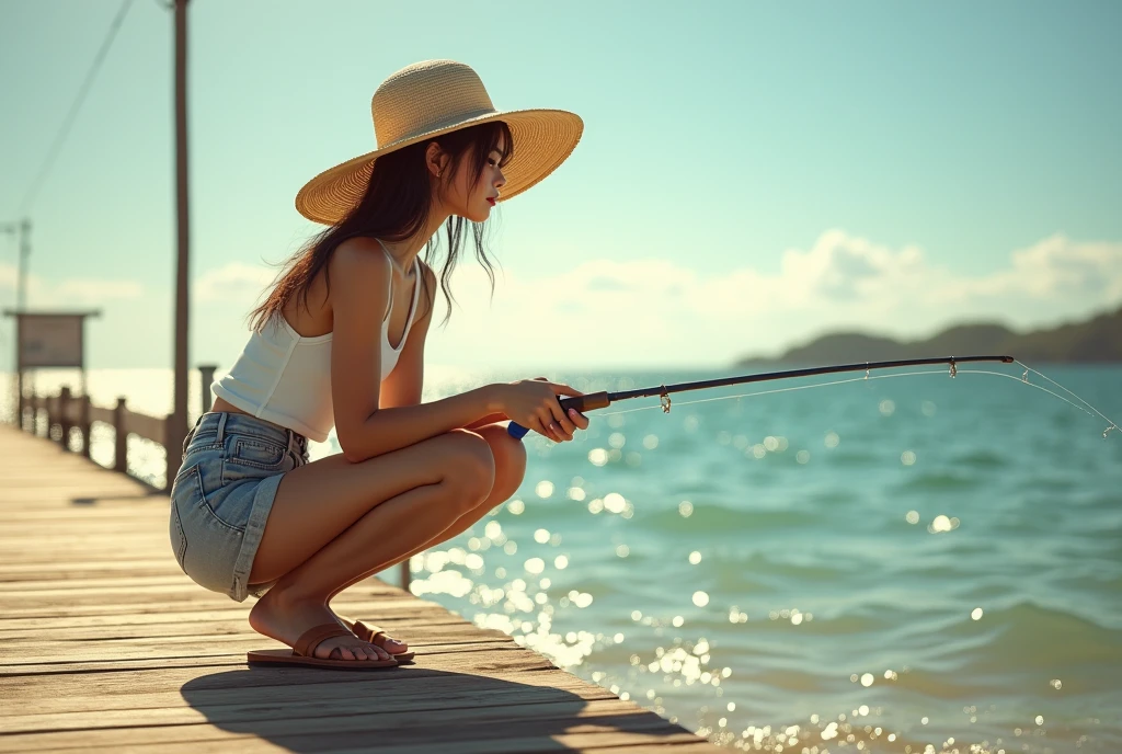 Summer pier, young woman in shorts, sandals and large straw hat, squatting and fishing, cat sitting next to her, cat also looking out to sea, oblivious to camera, side view, sunny summer afternoon, ((masterpiece, Highest quality, Best image quality, High resolution, Realistic, RAW Photos, 8k, Highly detailed CG synthesis 8k wallpaper)), (Huge and stunning goddess shot, Very hot and sexy, Incredible beauty, Perfect Proportions, Beautiful body, Slim body beauty:1.4), 