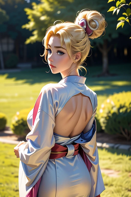 (1 incredibly beautiful young blonde, femme fatale: 1,3), geisha, ((zen)), (masterpiece, highest quality: 1,3), extremely detailed background, Zen calligraphy, unique visual effect. long golden hair, two long golden tails and two bunches, blonde hair, very long hair, two tails, hair bun, double bun, bangs with a parting, blue eyes, full-length, pink kimono, open shoulders, photo from behind, looking at the camera over his shoulder, confused, realistic, in full height. a real masterpiece.