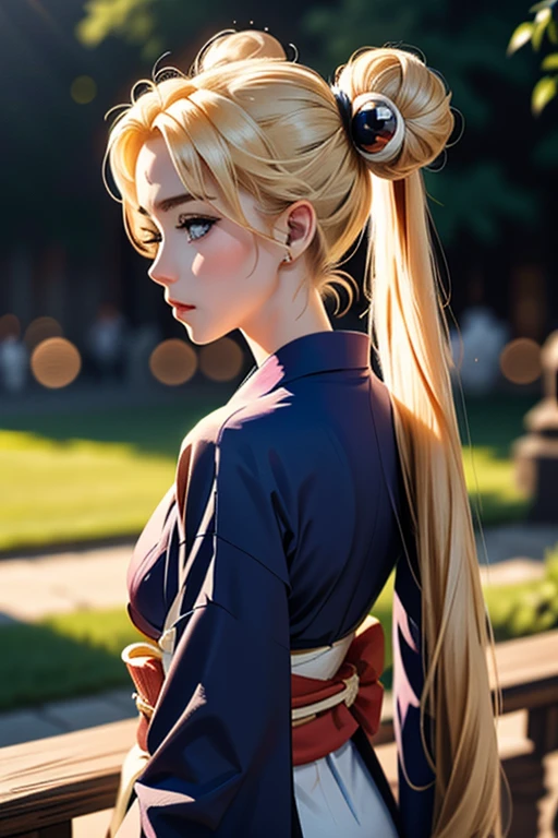 (1 incredibly beautiful young blonde, femme fatale: 1,3), geisha, ((zen)), (masterpiece, highest quality: 1,3), extremely detailed background, Zen calligraphy, unique visual effect. long golden hair, two long golden tails and two bunches, blonde hair, very long hair, two tails, hair bun, double bun, bangs with a parting, blue eyes, full-length, pink kimono, open shoulders, photo from behind, looking at the camera over his shoulder, confused, realistic, in full height. a real masterpiece.