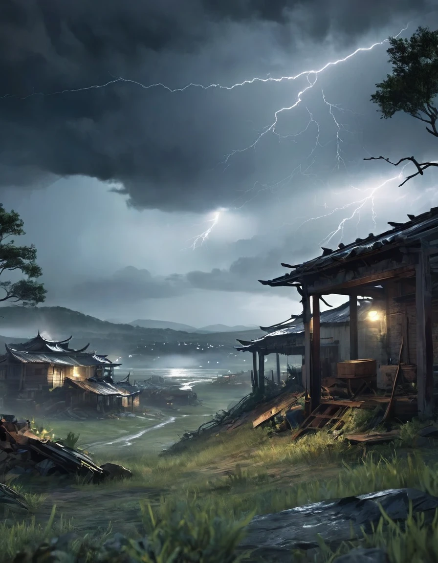 create an image with post-battle terrain but without people,night with a storm 