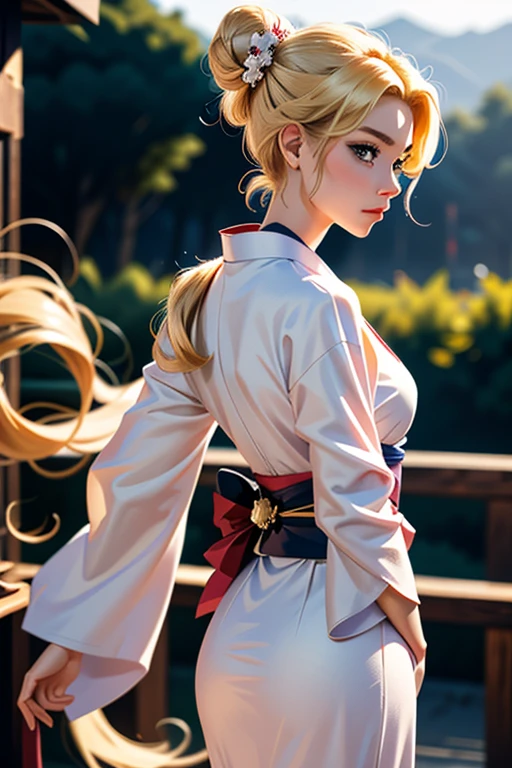 (1 incredibly beautiful young blonde, femme fatale: 1,3), geisha, ((zen)), (masterpiece, highest quality: 1,3), extremely detailed background, Zen calligraphy, unique visual effect. long golden hair, two long golden tails and two bunches, blonde hair, very long hair, two tails, hair bun, double bun, bangs with a parting, blue eyes, full-length, pink kimono, open shoulders, photo from behind, looking at the camera over his shoulder, confused, realistic, in full height. a real masterpiece.