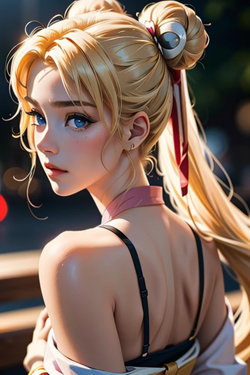 (1 incredibly beautiful young blonde, femme fatale: 1,3), geisha, ((zen)), (masterpiece, highest quality: 1,3), extremely detailed background, Zen calligraphy, unique visual effect. long golden hair, two long golden tails and two bunches, blonde hair, very long hair, two tails, hair bun, double bun, bangs with a parting, blue eyes, full-length, pink kimono, open shoulders, photo from behind, looking at the camera over his shoulder, confused, realistic, in full height. a real masterpiece.