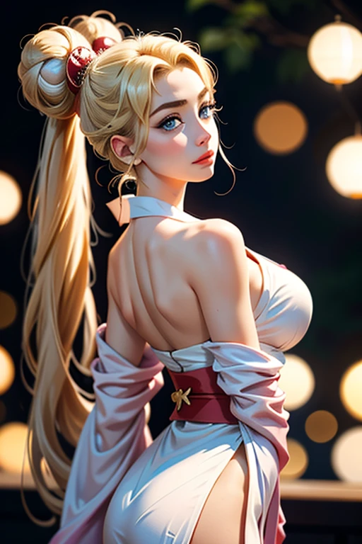 (1 incredibly beautiful young blonde, femme fatale: 1,3), geisha, ((zen)), (masterpiece, highest quality: 1,3), extremely detailed background, Zen calligraphy, unique visual effect. long golden hair, two long golden tails and two bunches, blonde hair, very long hair, two tails, hair bun, double bun, bangs with a parting, blue eyes, full-length, pink kimono, open shoulders, photo from behind, looking at the camera over his shoulder, confused, realistic, in full height. a real masterpiece.