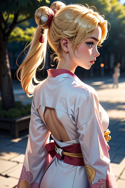 (1 incredibly beautiful young blonde, femme fatale: 1,3), geisha, ((zen)), (masterpiece, highest quality: 1,3), extremely detailed background, Zen calligraphy, unique visual effect. long golden hair, two long golden tails and two bunches, blonde hair, very long hair, two tails, hair bun, double bun, bangs with a parting, blue eyes, full-length, pink kimono, open shoulders, photo from behind, looking at the camera over his shoulder, confused, realistic, in full height. a real masterpiece.