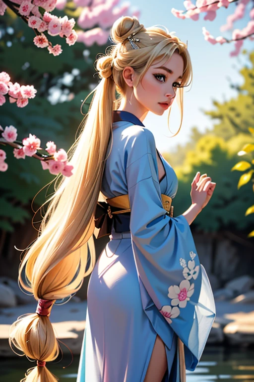 (1 incredibly beautiful young blonde, femme fatale: 1,3), geisha, ((zen)), (masterpiece, highest quality: 1,3), extremely detailed background, Zen calligraphy, unique visual effect. long golden hair, two long golden tails and two bunches, blonde hair, very long hair, two tails, hair bun, double bun, bangs with a parting, blue eyes, full-length, pink kimono, open shoulders, photo from behind, looking at the camera over his shoulder, confused, realistic, in full height. a real masterpiece.