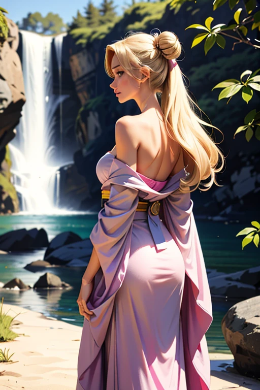 (1 incredibly beautiful young blonde, femme fatale: 1,3), geisha, ((zen)), (masterpiece, highest quality: 1,3), extremely detailed background, Zen calligraphy, unique visual effect. long golden hair, two long golden tails and two bunches, blonde hair, very long hair, two tails, hair bun, double bun, bangs with a parting, blue eyes, full-length, pink kimono, open shoulders, photo from behind, looking at the camera over his shoulder, confused, realistic, in full height. a real masterpiece.