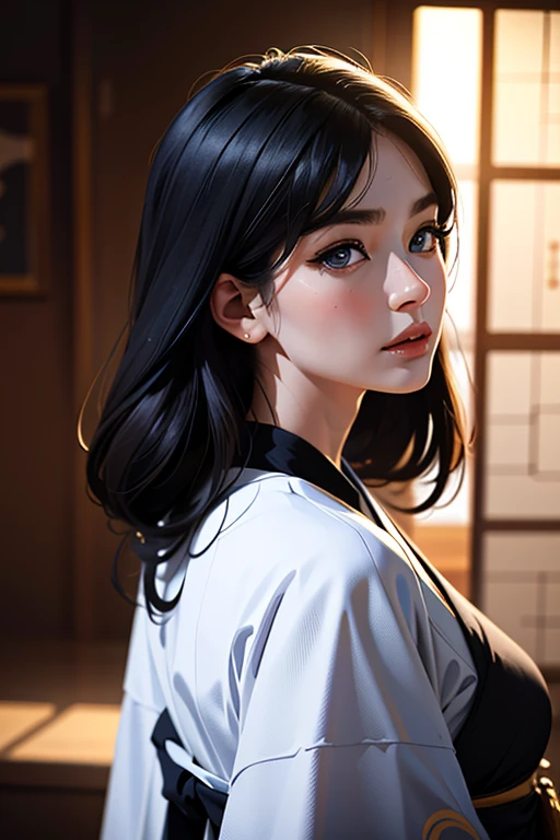 (1 incredibly beautiful young blonde, femme fatale: 1,3), geisha, ((zen)), (masterpiece, highest quality: 1,3), extremely detailed background, Zen calligraphy, unique visual effect. long black hair, long bangs, blue eyes, full-length, pink kimono, off-the-shoulder, photo from behind, looking at the camera over his shoulder, confused, realistic, full-length. a real masterpiece.