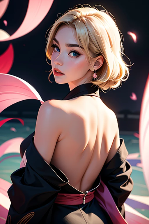 (1 incredibly beautiful young blonde, femme fatale: 1,3), geisha, ((zen)), (masterpiece, highest quality: 1,3), extremely detailed background, Zen calligraphy, unique visual effect. long black hair, long bangs, blue eyes, full-length, pink kimono, off-the-shoulder, photo from behind, looking at the camera over his shoulder, confused, realistic, full-length. a real masterpiece.